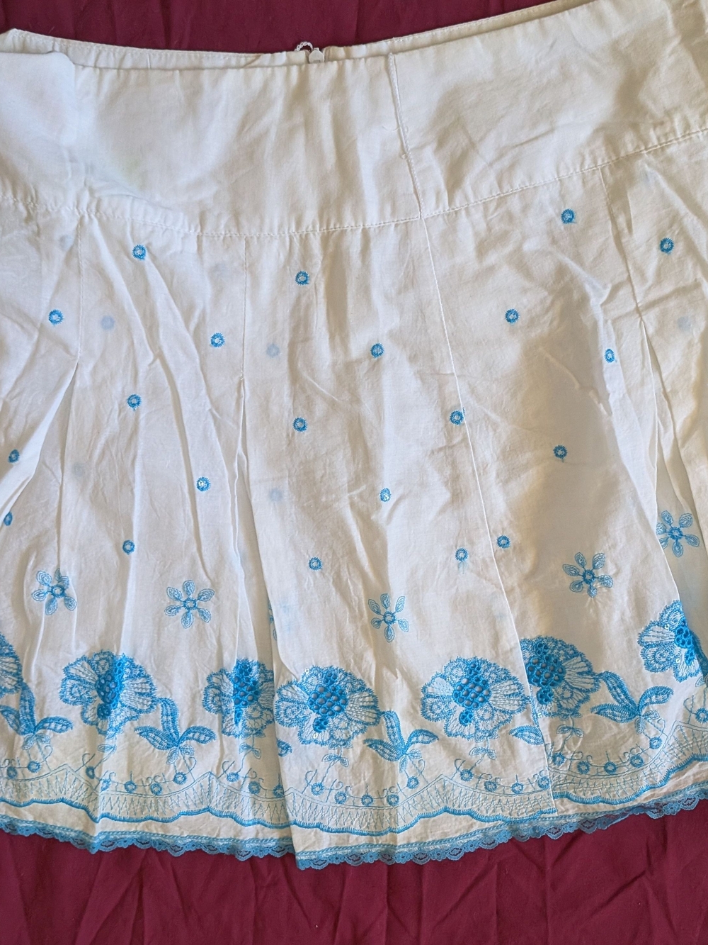 Heart Soul White Cotton Circle Skirt with Blue Floral Embroidery